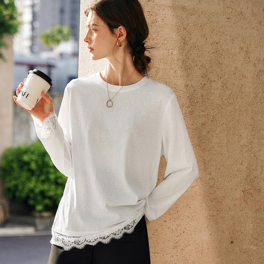 OLrain欧芮儿法式白色T恤女春季2025年新款设计感拼接蕾丝上衣 商品图3