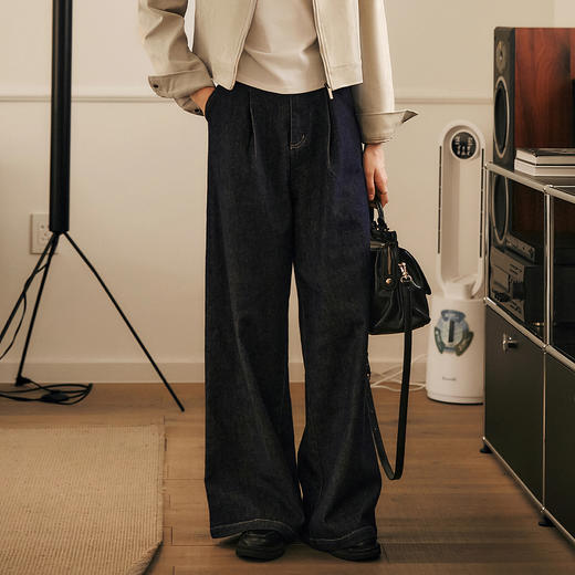 OLrain欧芮儿蓝色牛仔裤女春季2025年新款通勤设计感收褶阔腿裤 商品图4