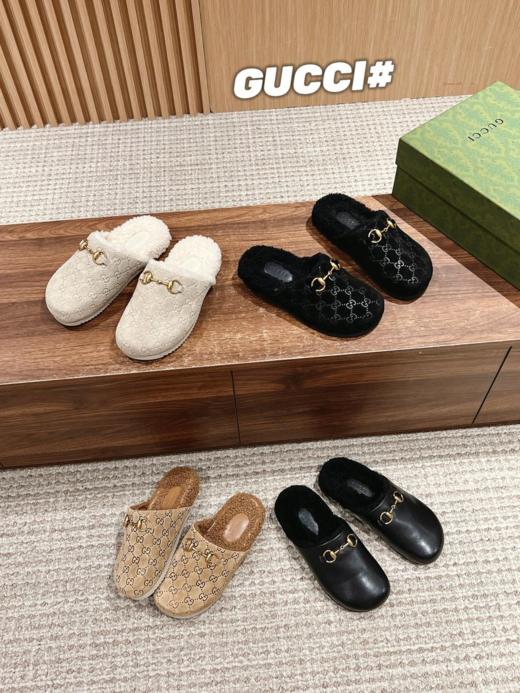 古驰秋冬新款羊毛运动半拖鞋面麂皮压印迷你老花logo，拼接小牛皮（UX*HD) 商品图0