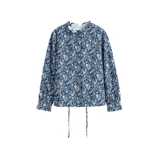 绽放735朵/碎花木耳边拼接国风感印花叠穿系带开襟文艺长袖衬衫 商品图3