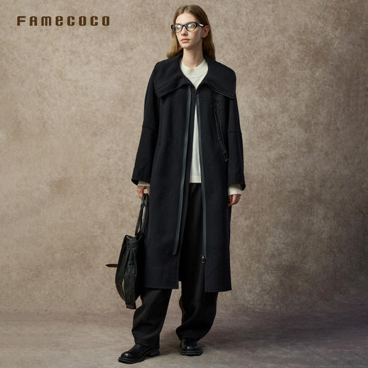 Famecoco范可儿个性大翻领刺绣经典款黑色双面呢长大衣FAC8AQ019 商品图1
