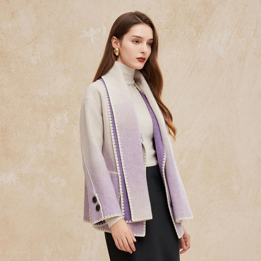 PH963斯尔丽24新款双面呢配围巾撞色滚边渐变色箱型减龄小个子羊毛大衣 商品图6