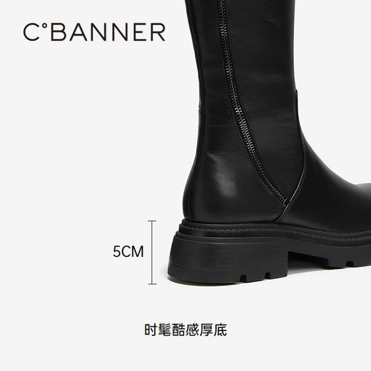 千百度厚底加绒骑士靴女款冬季黑色真皮保暖瘦瘦靴长靴A24632161 商品图4