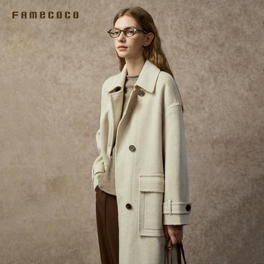 Famecoco范可儿翻领宽松显瘦经典款羊毛驼绒双面呢大衣FAC8AQ008 商品图1