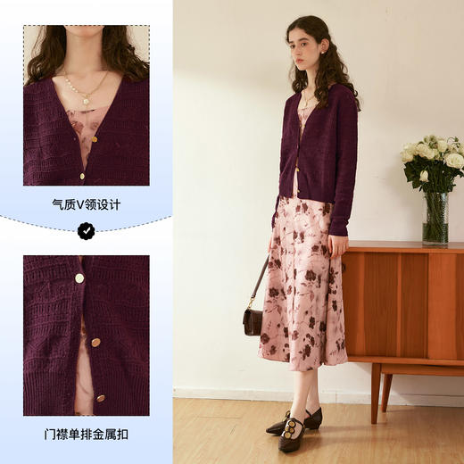 OLrain欧芮儿酒红色镂空针织衫女冬季2024年新款法式V领针织开衫 商品图2