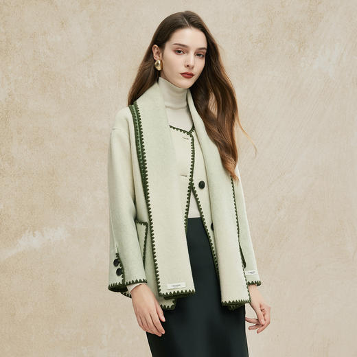 PH963斯尔丽24新款双面呢配围巾撞色滚边渐变色箱型减龄小个子羊毛大衣 商品图2