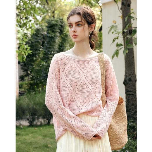 OLrain欧芮儿粉色镂空针织衫女冬季2024年新款法式宽松菱格套头衫 商品图0