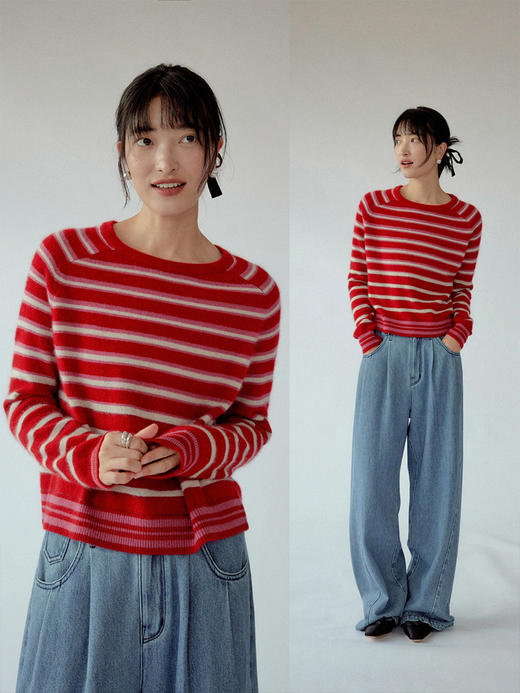 【现货】Even Vintage|经典活力 浣熊绒羊毛混纺短款宽松版撞色细条纹毛衣 商品图3