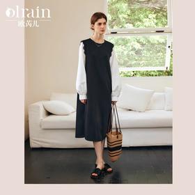 OLrain欧芮儿黑色连衣裙女春季2025新款设计感拼接蕾丝气质直筒裙