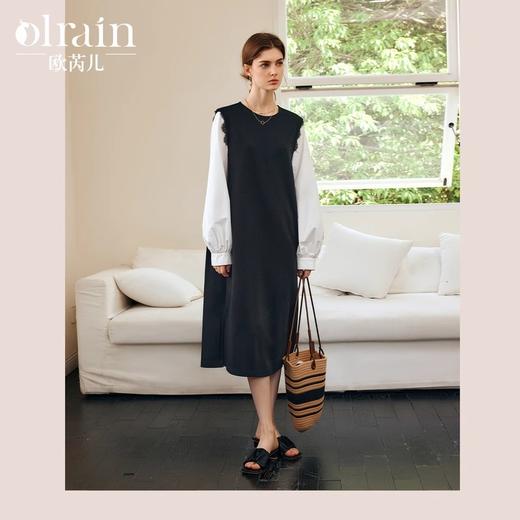 OLrain欧芮儿黑色连衣裙女春季2025新款设计感拼接蕾丝气质直筒裙 商品图0