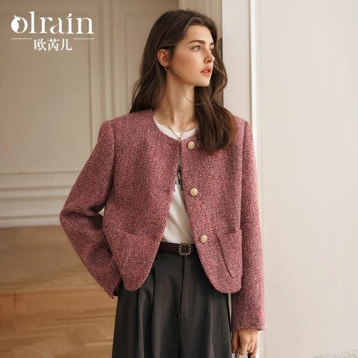OLrain欧芮儿小香风外套女春季2025年新款安可拉红圆领粗花呢上衣 商品图0