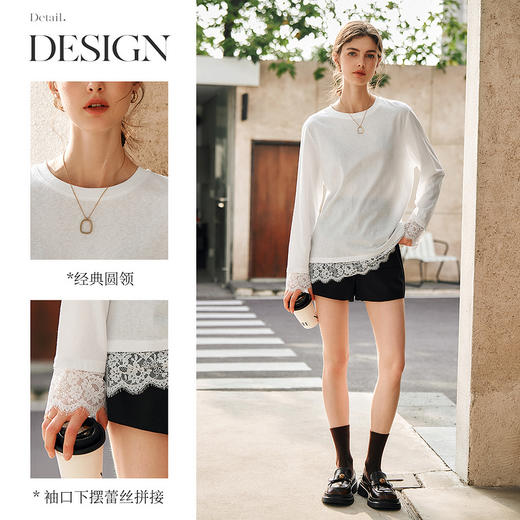 OLrain欧芮儿法式白色T恤女春季2025年新款设计感拼接蕾丝上衣 商品图2