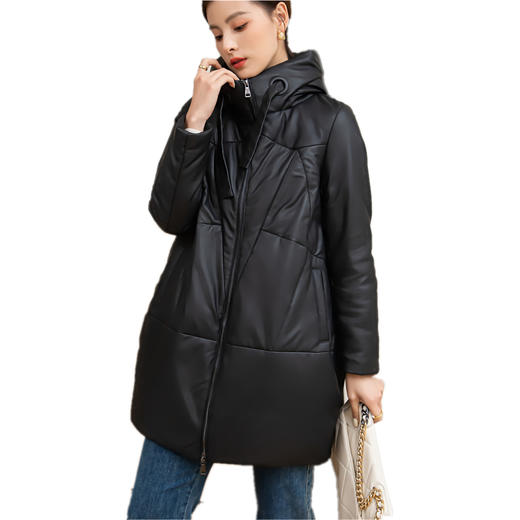 丁摩 真皮羽绒服女绵羊皮中长款连帽加厚外套9811 商品图4