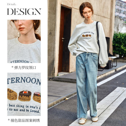 OLrain欧芮儿花灰色休闲卫衣女春季2025新款复古宽松圆领套头上衣 商品图2