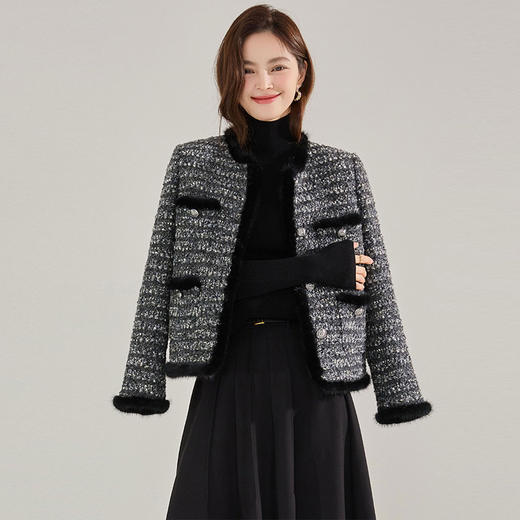 【高货sh】全新升级【铂金会员367/天猫489/差价122】(41808)洛诗琳秋冬小香风羊毛粗花呢水貂毛拼接白鸭绒羽绒服外套 商品图4