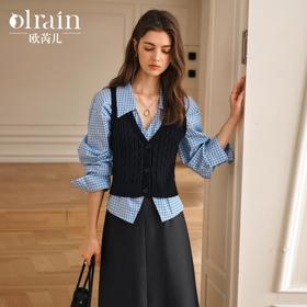 OLrain欧芮儿黑色背心吊带女冬季2024年新款气质V领麻花开衫马甲