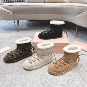 缪缪2024ss秋冬走秀款绑带羊毛小短靴雪地靴毛毛鞋（UX*HD）