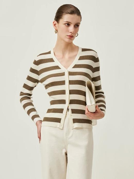 【顺丰包邮】13238【三石*澜同款】精纺100%羊毛咖白条纹V领开衫 舒适感由外及内~ 192 商品图0