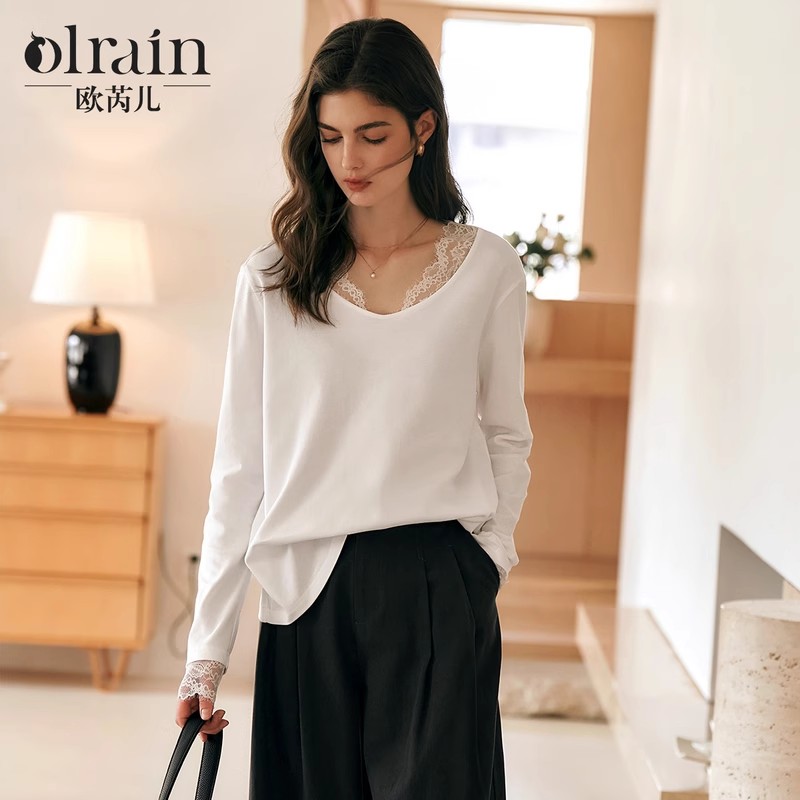 OLrain欧芮儿白色V领T恤女冬季2024年新款法式设计感蕾丝长袖上衣