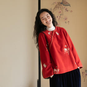 牧衣游原创 匹绣进口澳毛呢套头衫女新款100%羊毛红色上衣 草木香