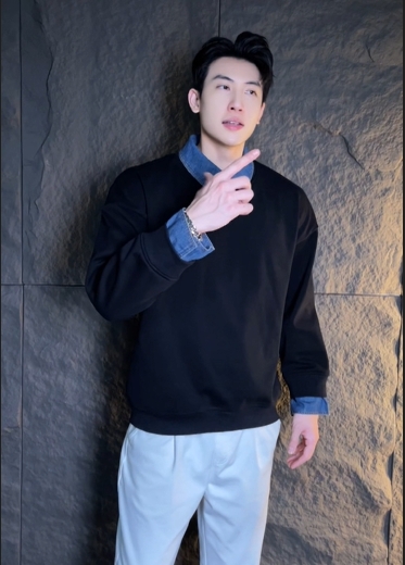 WY694新款男士翻领假两件半拉链时尚设计宽松百搭日常长袖套头