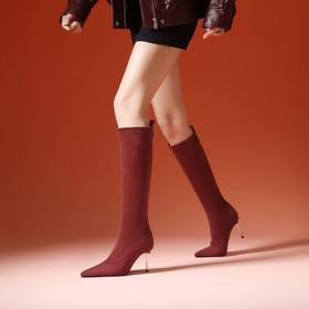 【预售7天】小众轻奢设计师款~秋冬季爆款尖头铁跟绒面不过膝细跟弹力瘦瘦靴XC&SL263