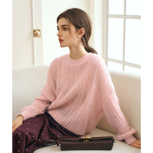 OLrain欧芮儿粉色针织衫女冬季2024新款法式镂空灯笼袖慵懒套头衫 商品图2