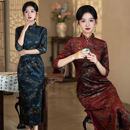烫金丝绒国风中式长款改良，复古长袖妈妈旗袍ZQYS-SC19861 商品图0