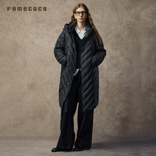 Famecoco范可儿茧型长款立领连帽宽松简约轻薄羽绒服FAC8AK004 商品图4