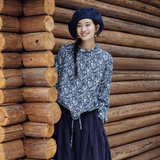 绽放735朵/碎花木耳边拼接国风感印花叠穿系带开襟文艺长袖衬衫 商品图0