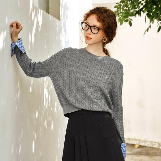 OLrain欧芮儿灰色套头毛衣女春季2025年新款拼接通勤圆领针织上衣 商品图4