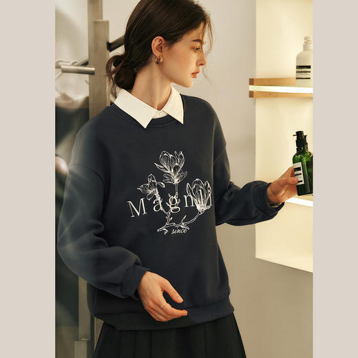 OLrain欧芮儿灰色印花卫衣女冬季2024年新款宽松休闲设计感套头衫 商品图1