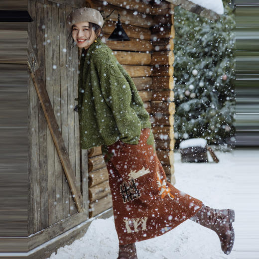 绽放832朵/羊毛卷冬牧场动物主题提花松紧腰百搭毛织半身中长裙 商品图2