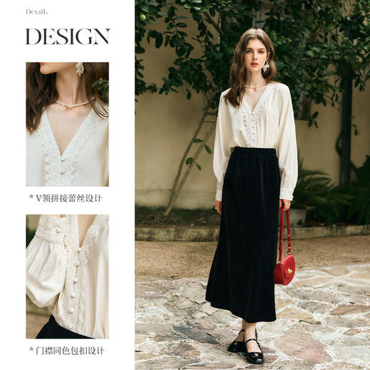 OLrain欧芮儿法式V领衬衫女冬季2024年新款慵懒风拼接蕾丝上衣 商品图2