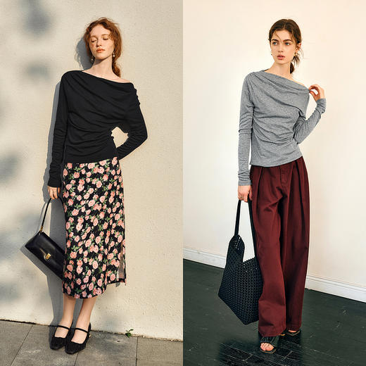 OLrain欧芮儿法式长袖T恤女春季2025年新款一字领不规则抽褶上衣 商品图1