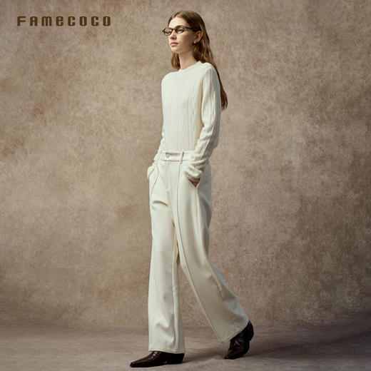 Famecoco精纺羊毛宽松阔腿裤显瘦立体剪裁腰头提花拼接FAC8GA010 商品图4