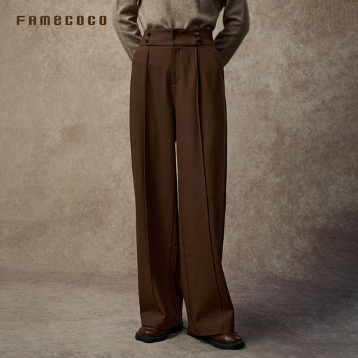 Famecoco范可儿中式宽腰头盘扣梭织宽松直筒显瘦长裤FAC8GA008 商品图1