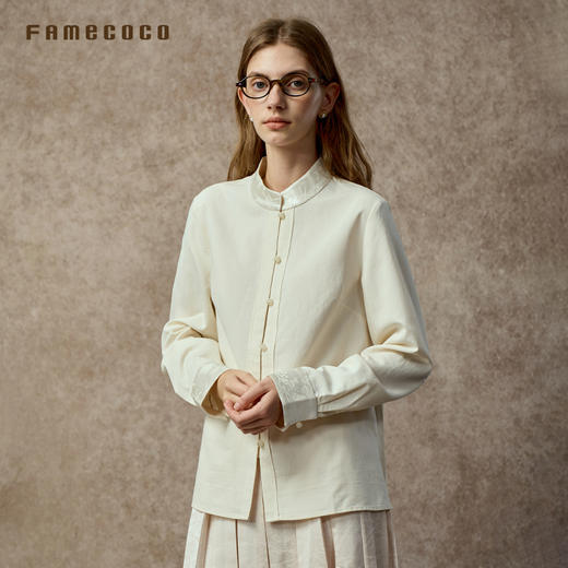 Famecoco范可儿真丝拼接肌理醋酸缎中式立领衬衫FAC8BH002 商品图1