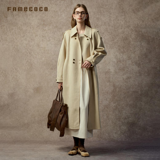Famecoco范可儿纯羊毛双面呢长款休闲大衣英伦风高级感FAC8AQ003 商品图4