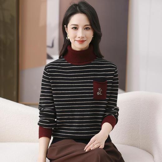 CC-101-35470秋冬季新款时尚条纹毛衣女洋气减龄半高领针织打底衫宽松上衣 商品图2