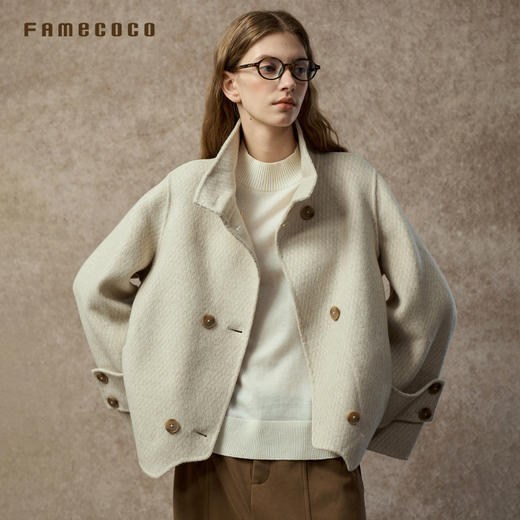 Famecoco范可儿斜纹提花宽松落肩短款毛呢大衣FAC8AS005 商品图1