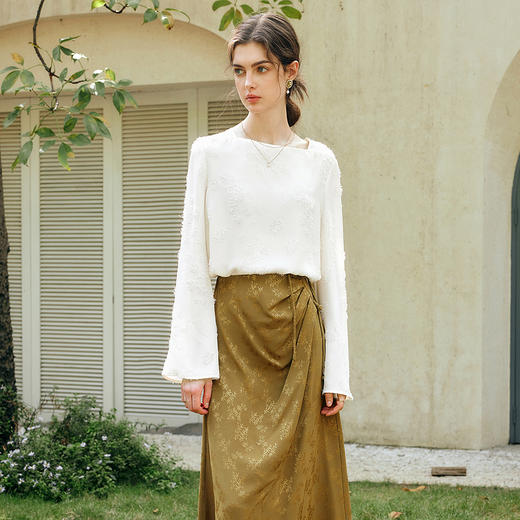 OLrain欧芮儿法式方领雪纺衫女春季2025年新款气质暗纹提花衬衣 商品图1