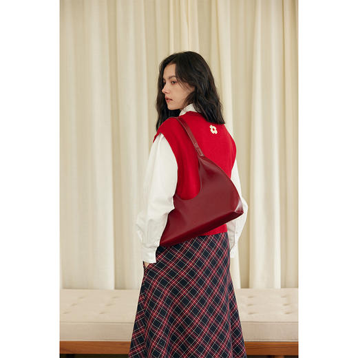 HeyDress羊毛针织马甲女冬季红色复古圆领宽松保暖短款百搭背心 商品图2