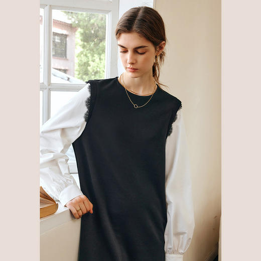 OLrain欧芮儿黑色连衣裙女春季2025新款设计感拼接蕾丝气质直筒裙 商品图4