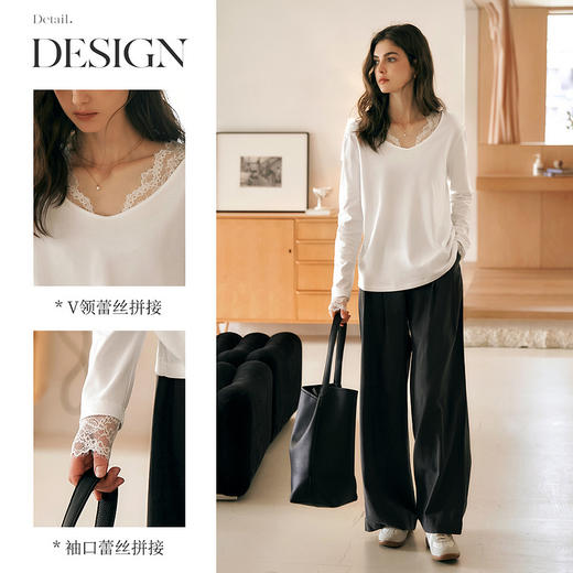 OLrain欧芮儿白色V领T恤女冬季2024年新款法式设计感蕾丝长袖上衣 商品图3