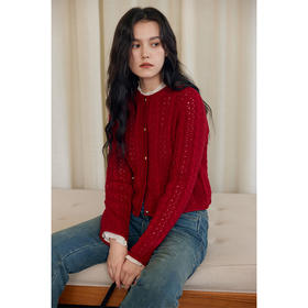 HeyDress复古红色羊毛针织开衫女冬季绞花圆领毛衣气质内搭上衣