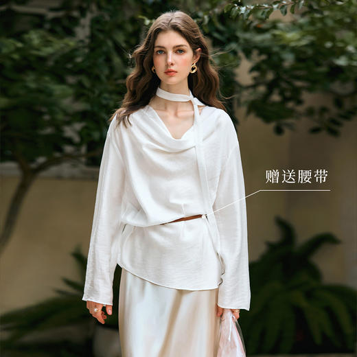OLrain欧芮儿法式白色雪纺衫女冬季2024年新款慵懒风荡领飘带上衣 商品图1