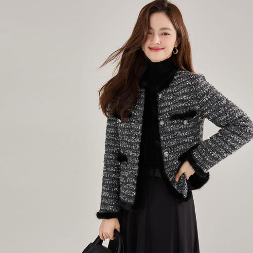 【高货sh】全新升级【铂金会员367/天猫489/差价122】(41808)洛诗琳秋冬小香风羊毛粗花呢水貂毛拼接白鸭绒羽绒服外套 商品图3