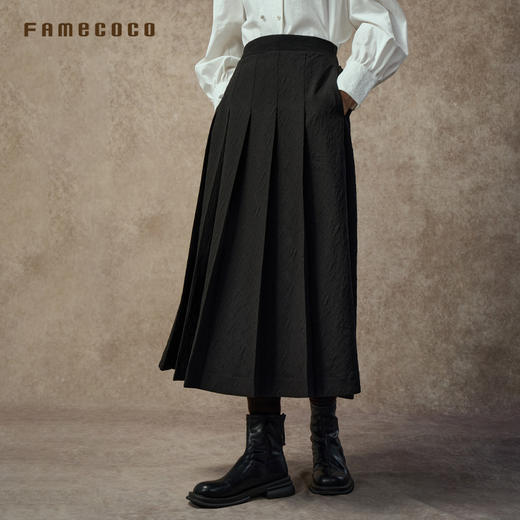 Famecoco范可儿高腰百褶A字裙中式提花遮肉长裙FAC8HA023 商品图3