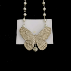 迪奥蝴蝶珍珠项链颈链金属浅金色（US*XTY）